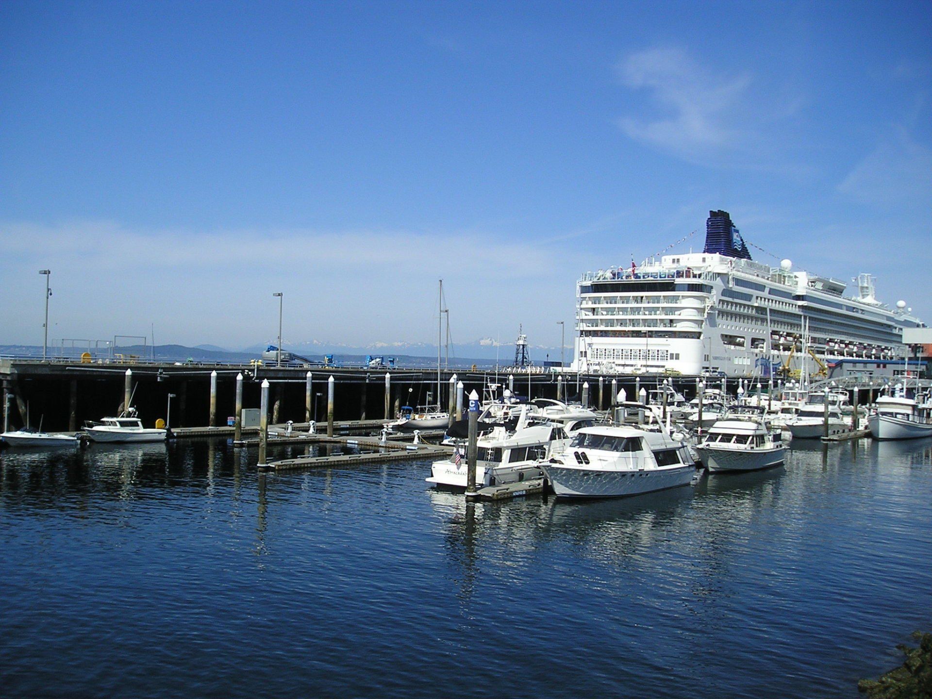 A large cruise ship is docked in a harbor surrounded by smaller boats