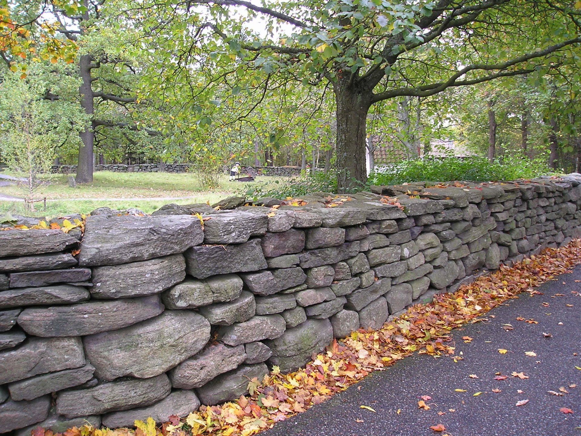 A stone wall along a road with leaves on the ground and trees in the background.
