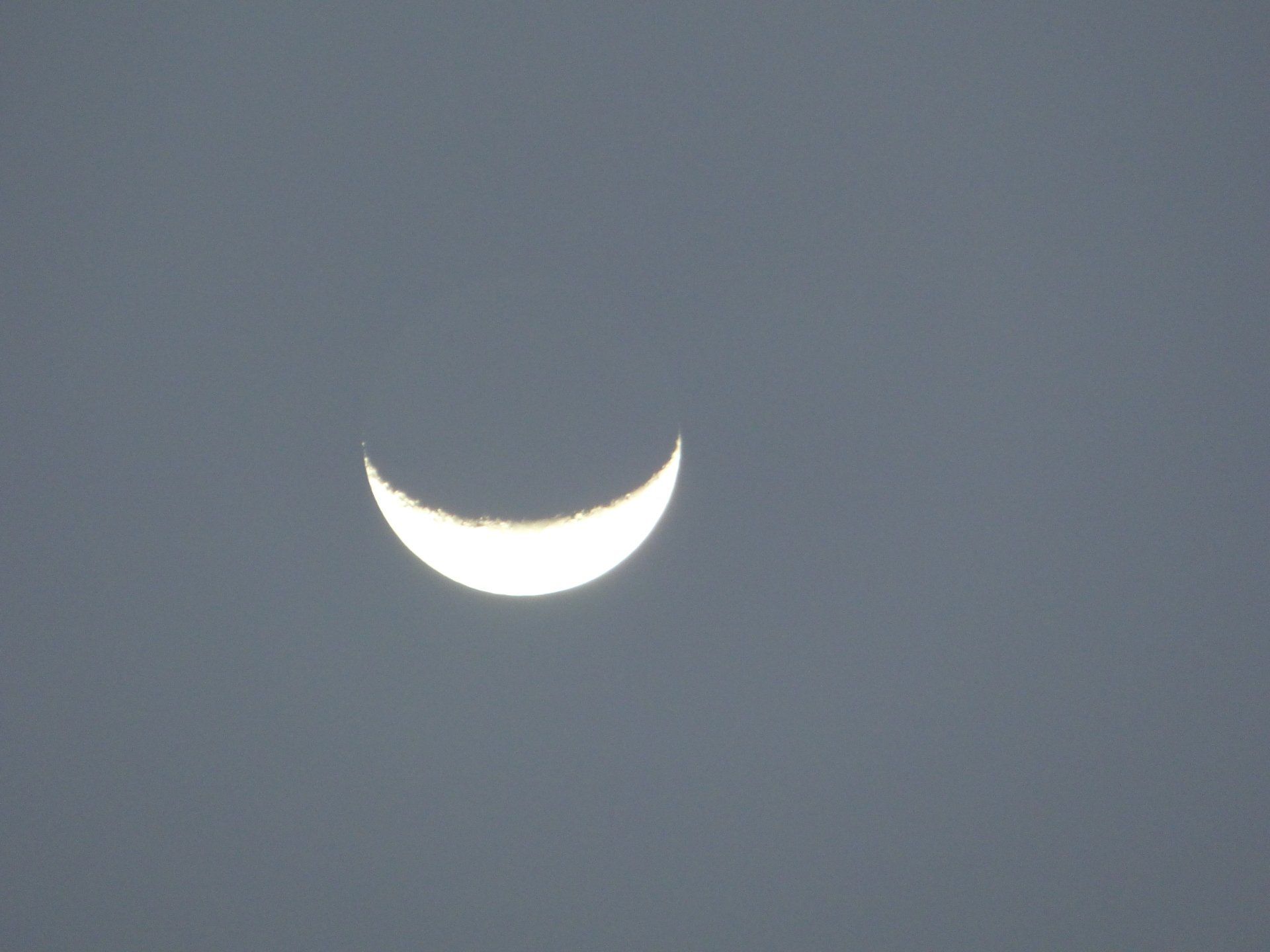 A crescent moon is visible in the night sky.