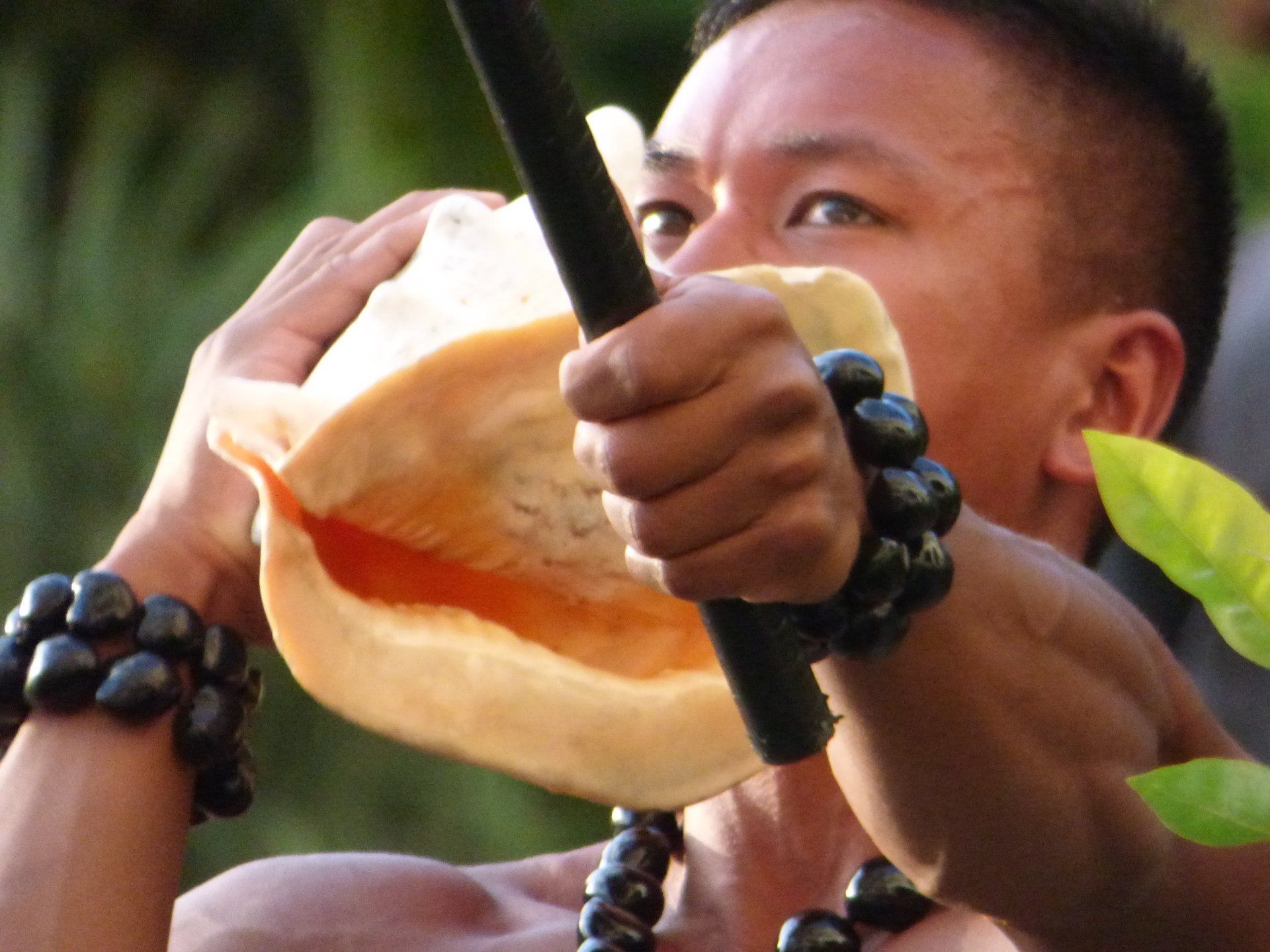 A man wearing a necklace is blowing into a conch shell