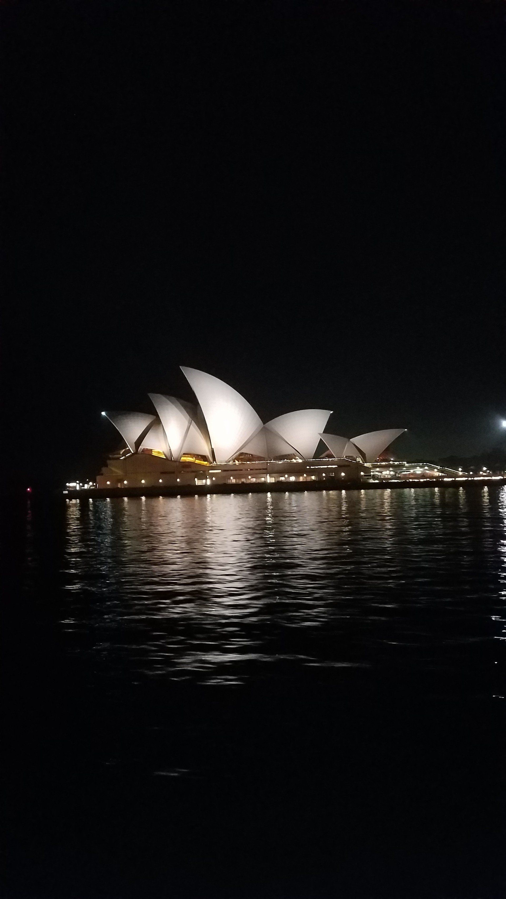 The sydney opera house is lit up at night