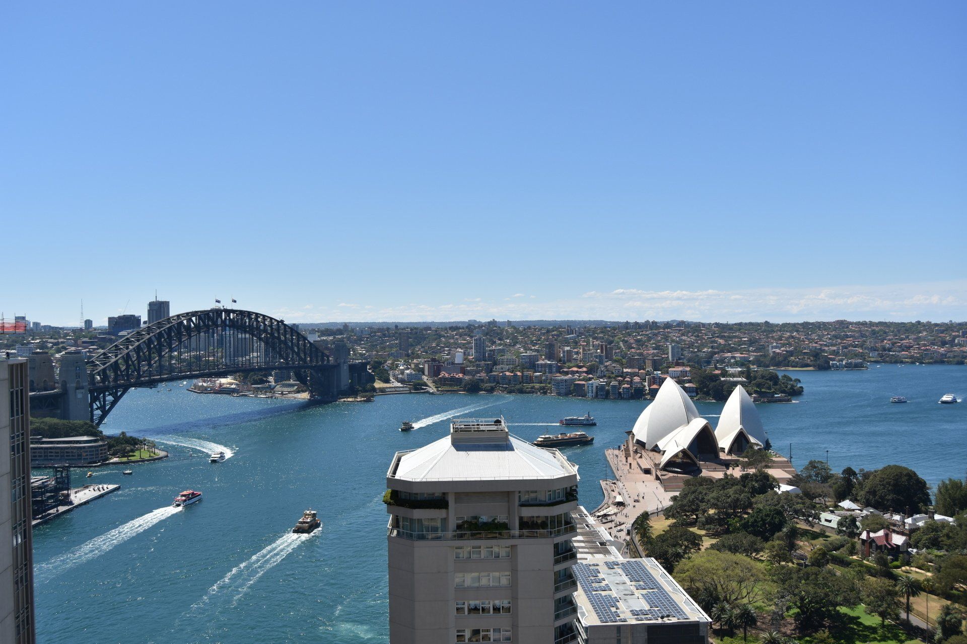 An aerial view of sydney harbor and the opera house