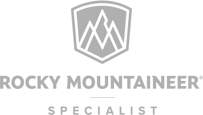 The logo for rocky mountaineer specialist is gray and white.