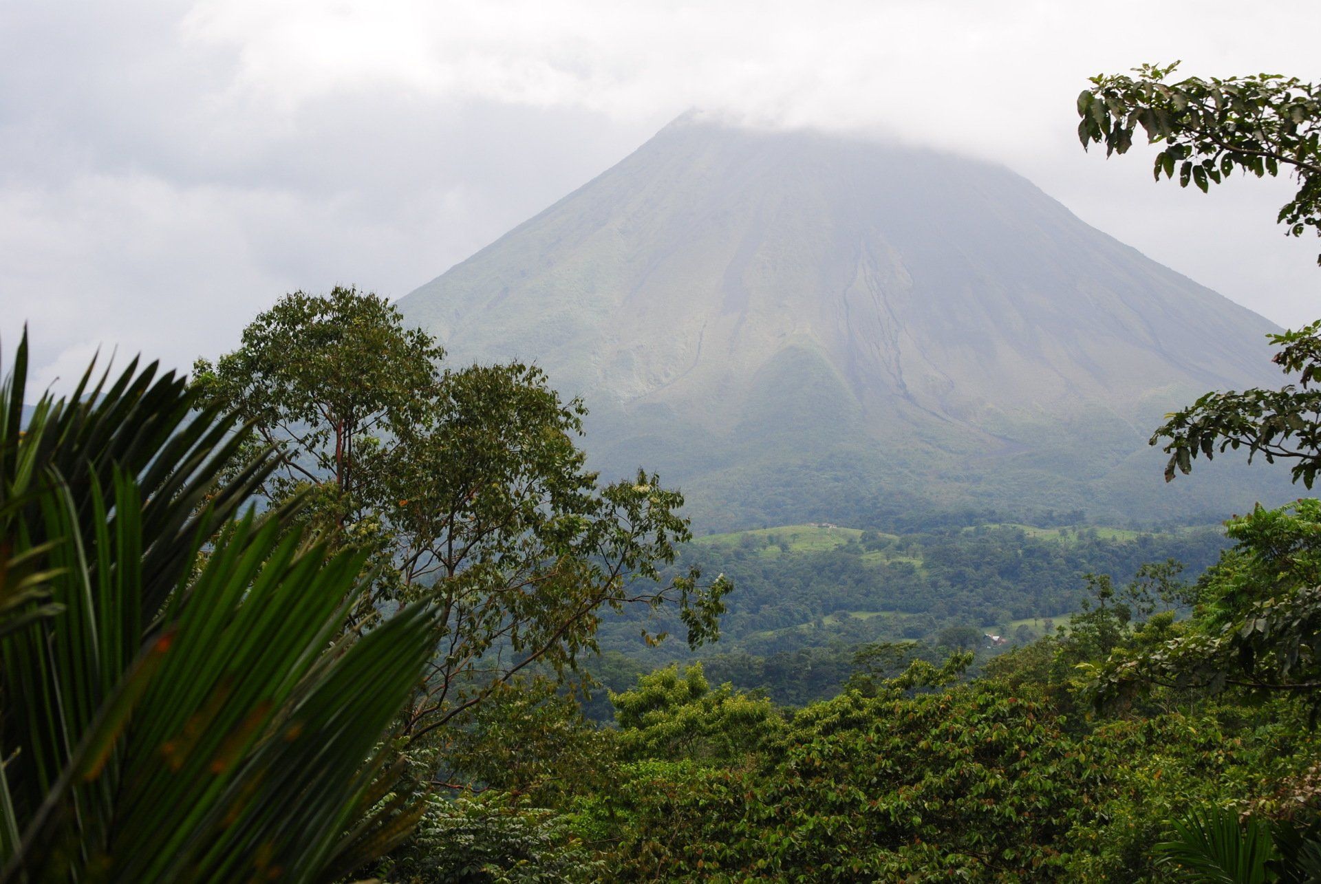 A mountain with trees in the foreground and a cloudy sky in the background
