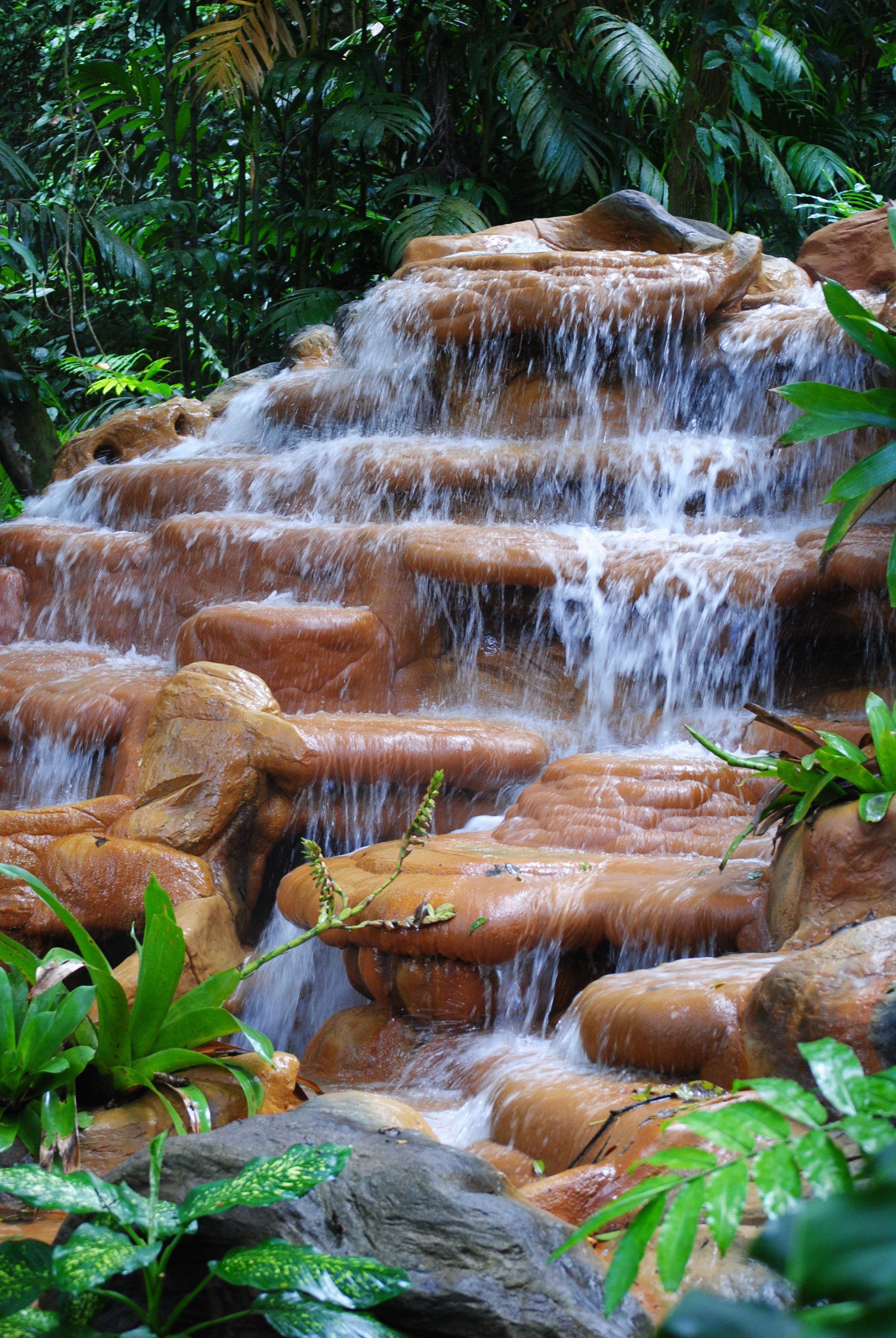 A waterfall is surrounded by trees and rocks in the middle of a forest.