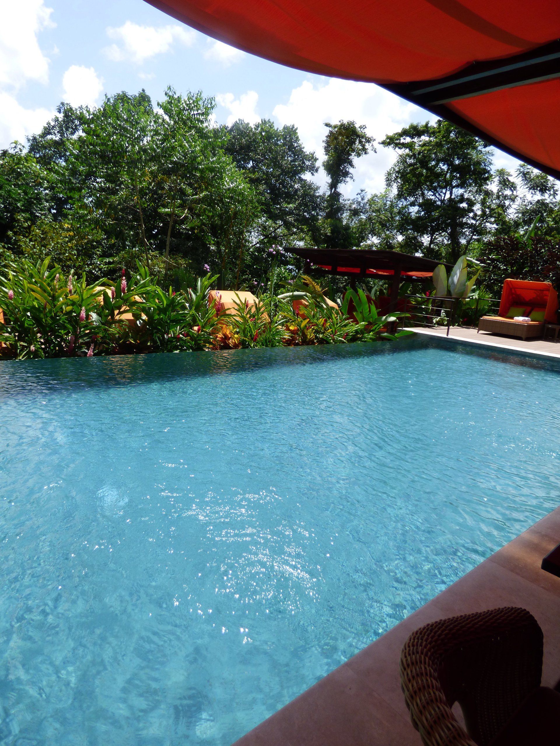 A large swimming pool with a red umbrella in the background