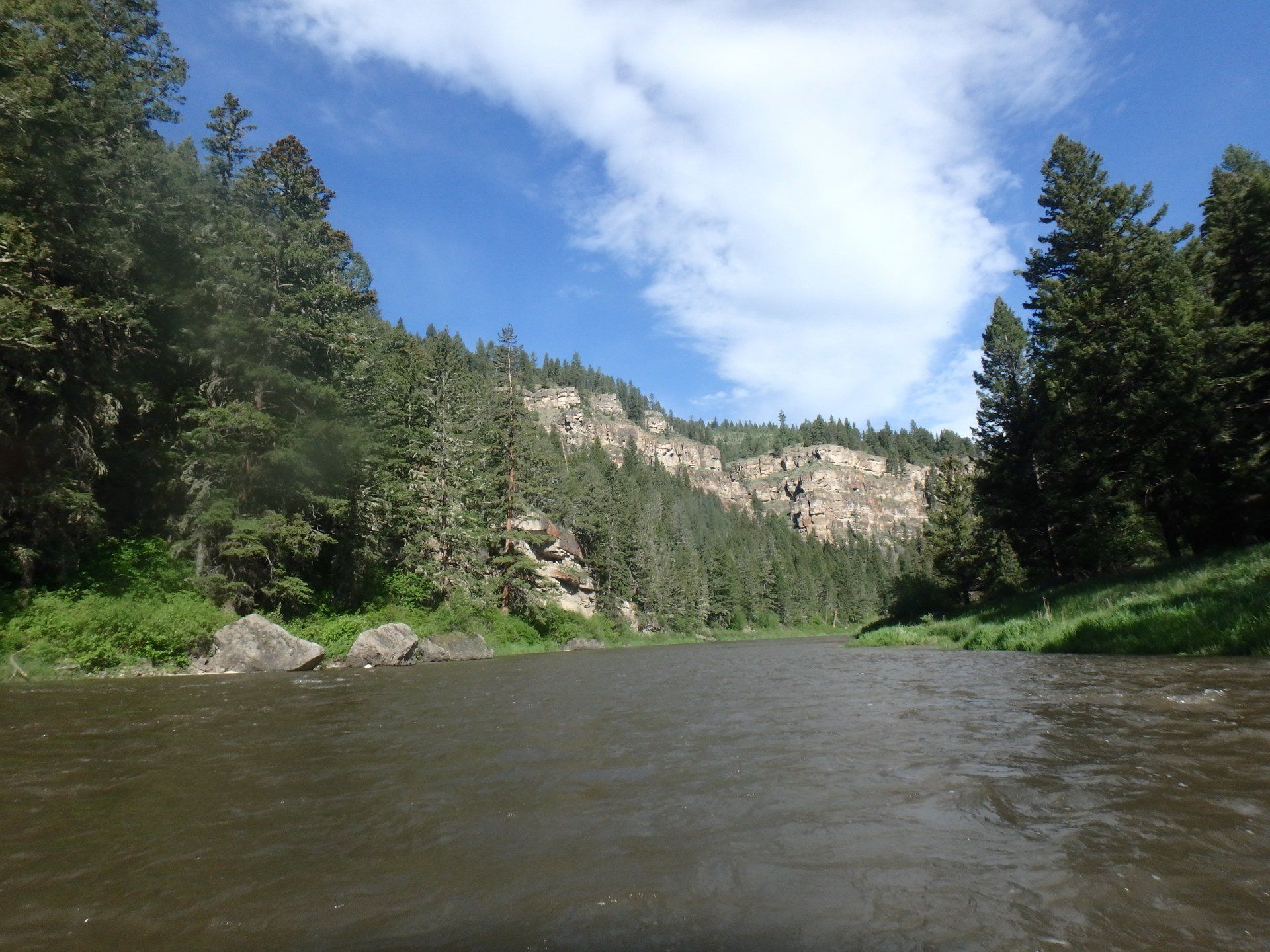 A river surrounded by trees and rocks on a sunny day