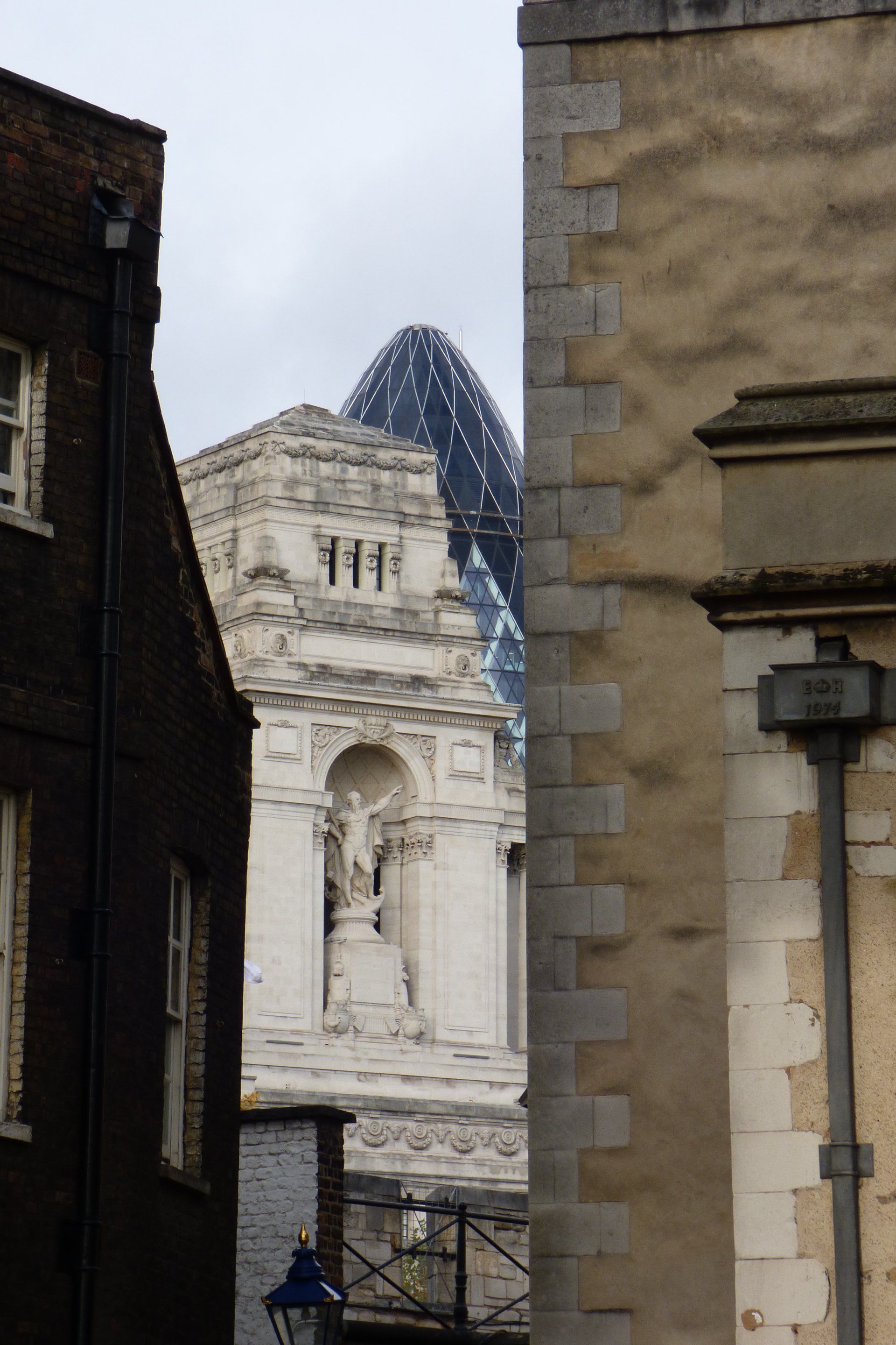 A view of a building from between two buildings