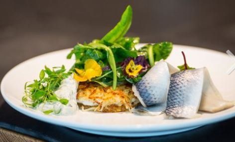 A white plate topped with a salad and fish on a table.