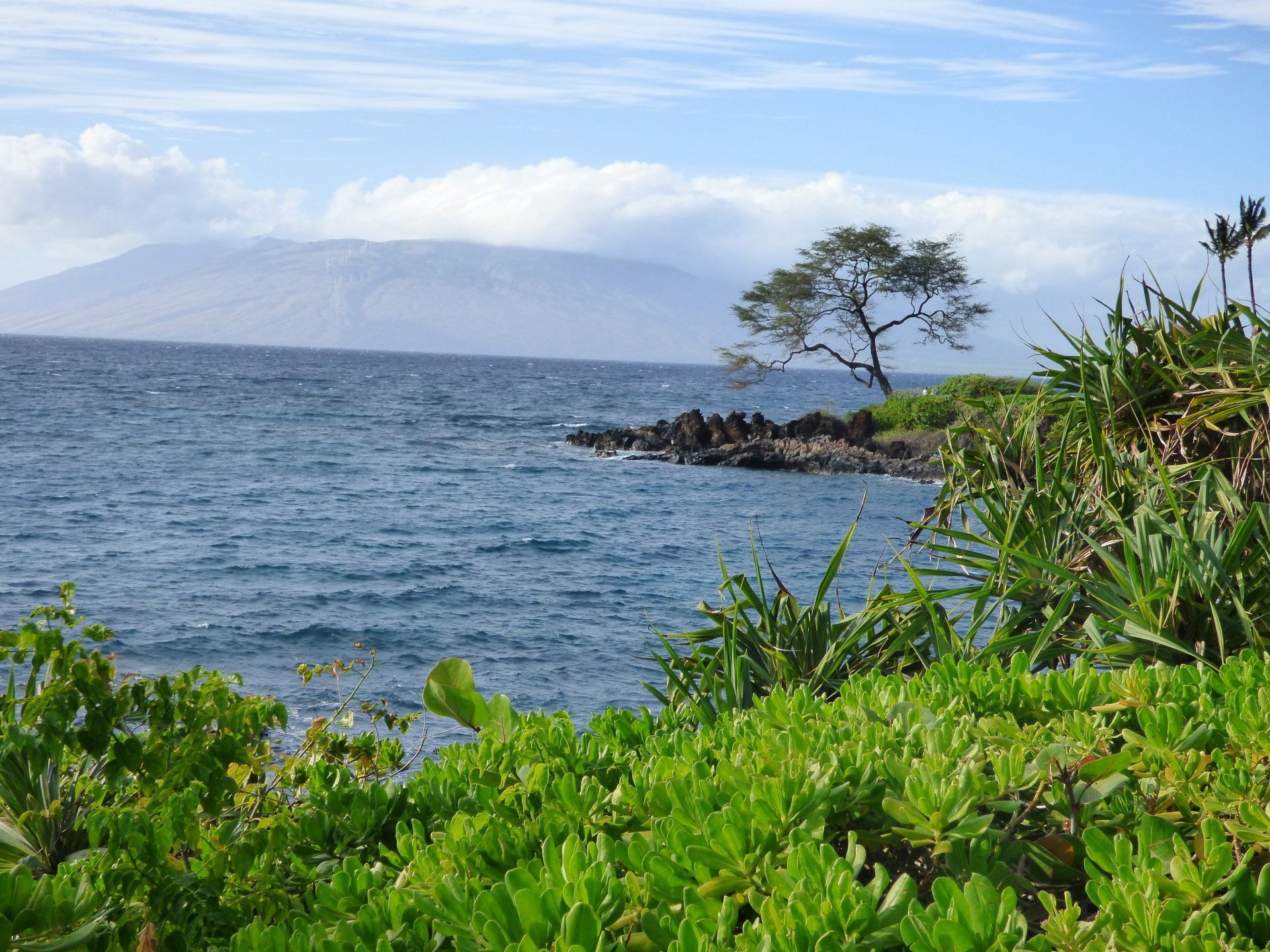 A small island in the middle of the ocean with a mountain in the background