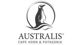 A black and white logo for australis cape horn and patagonia with a penguin in a circle.
