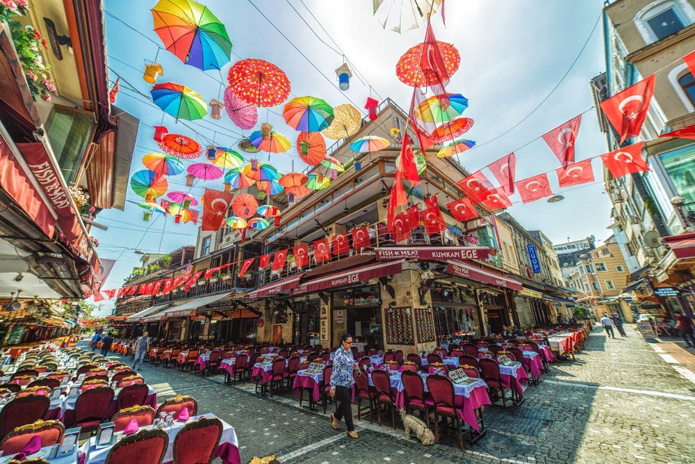 A restaurant with tables and chairs and umbrellas hanging from the ceiling.