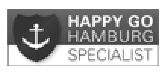 A black and white logo for happy go hamburg specialist