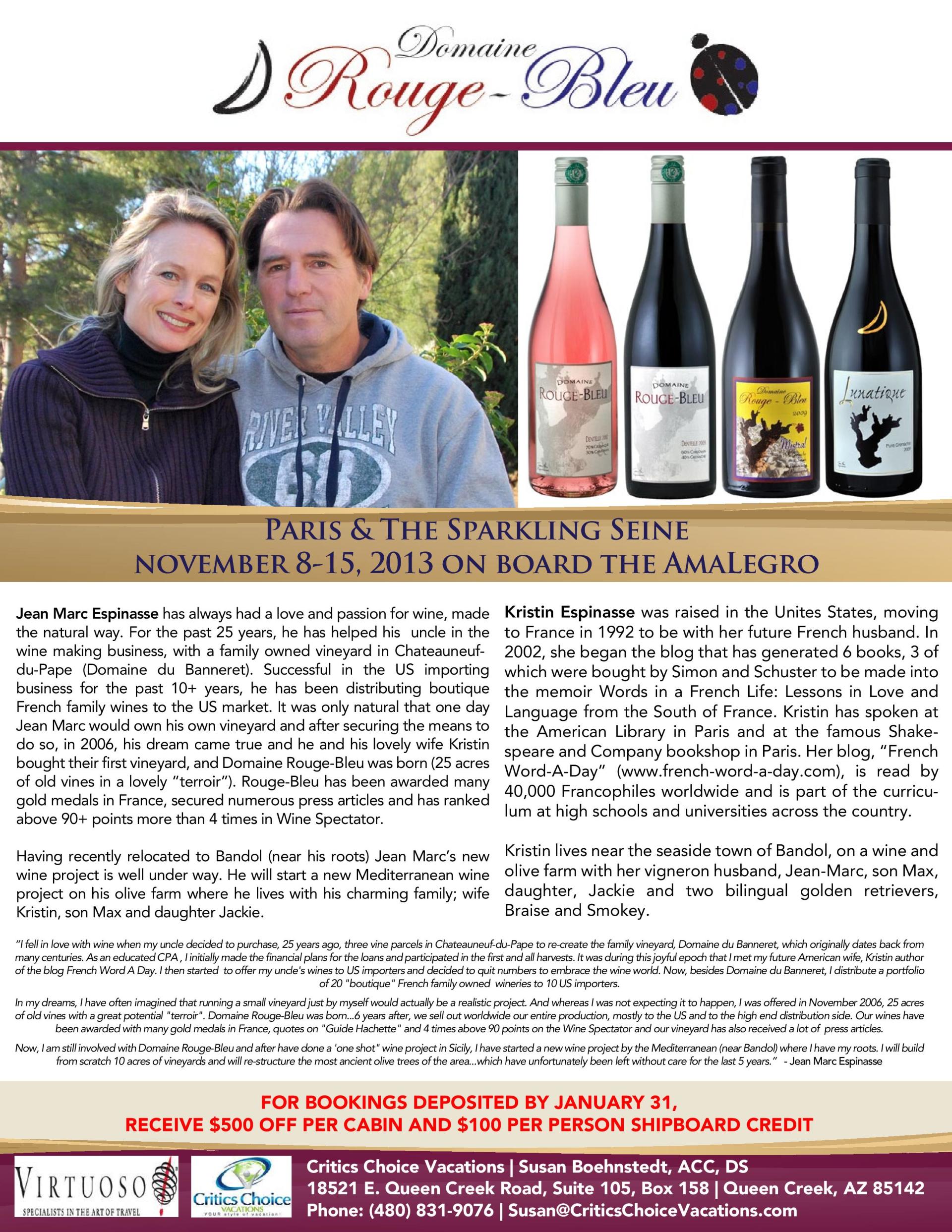 A man and a woman are standing next to each other next to bottles of wine.