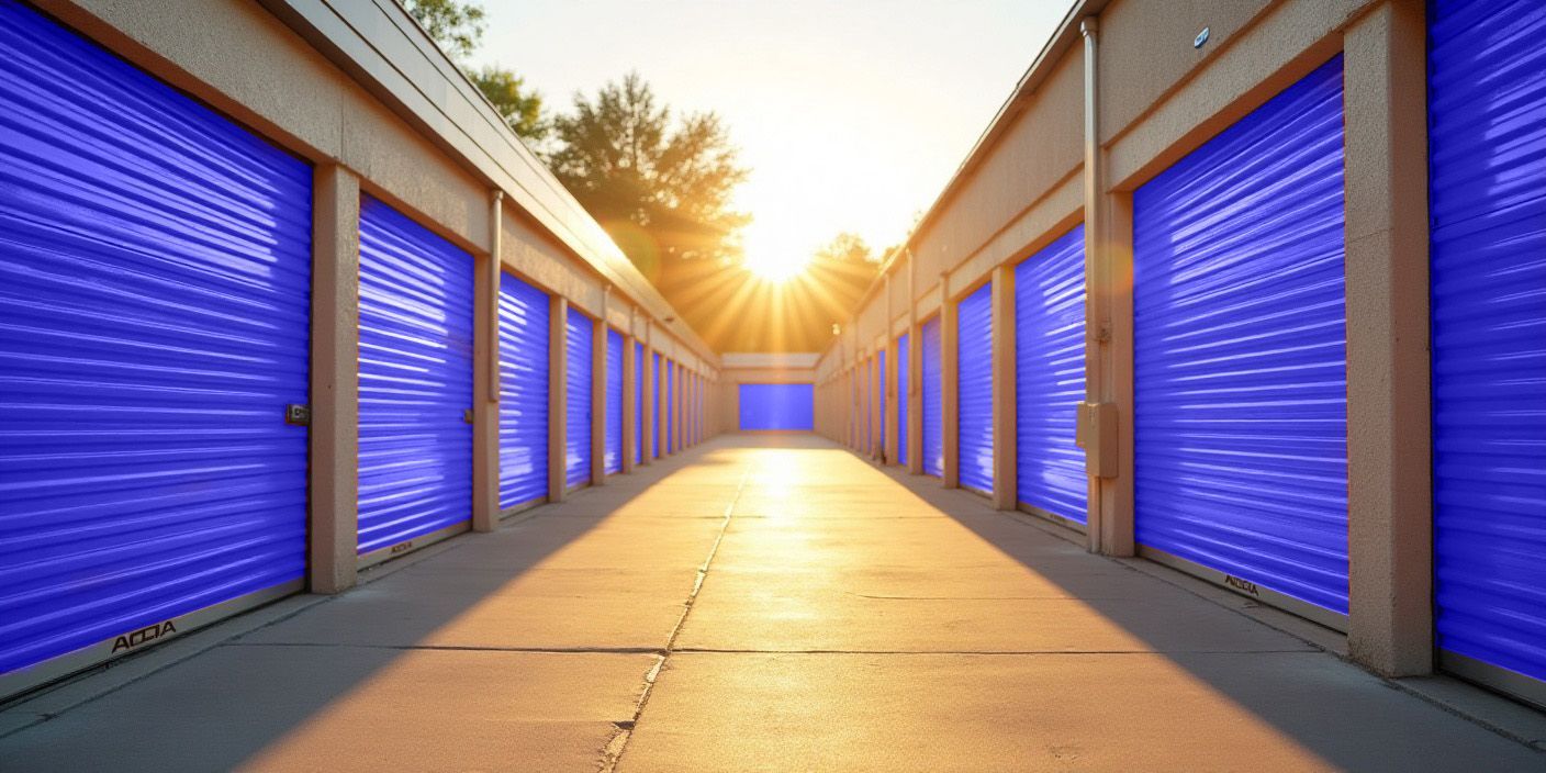 The sun is shining through the blue doors of a row of storage units.