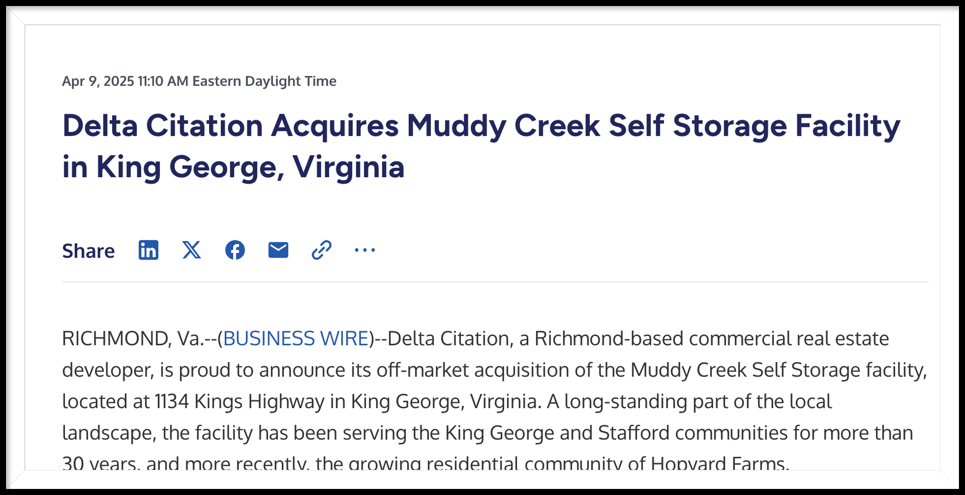 Delta citation acquires muddy creek self storage facility in king george , virginia