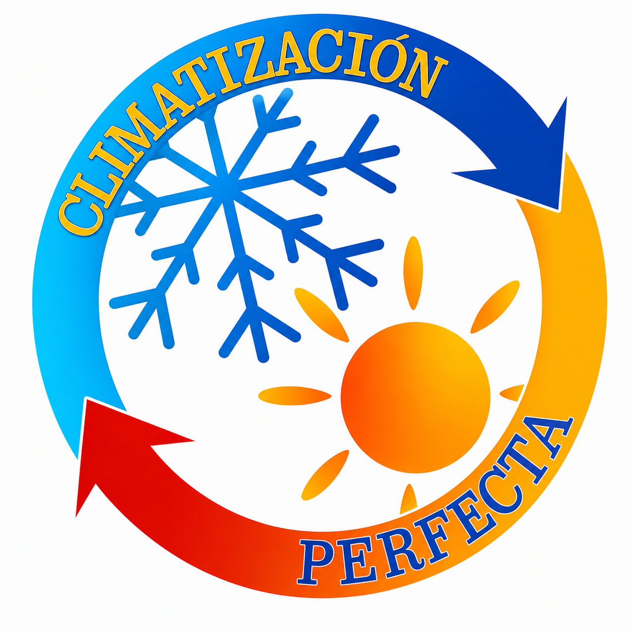 Logotipo con copo de nieve azul y sol naranja en flechas circulares, texto “CLIMATIZACIÓN PERFECTA”