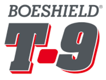 Boeshield T-9 logo with Boeshield written in grey lettering on top of big bold grey T-9 outlined in red. 