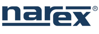 Logo of Narex written in bold navy blue lettering