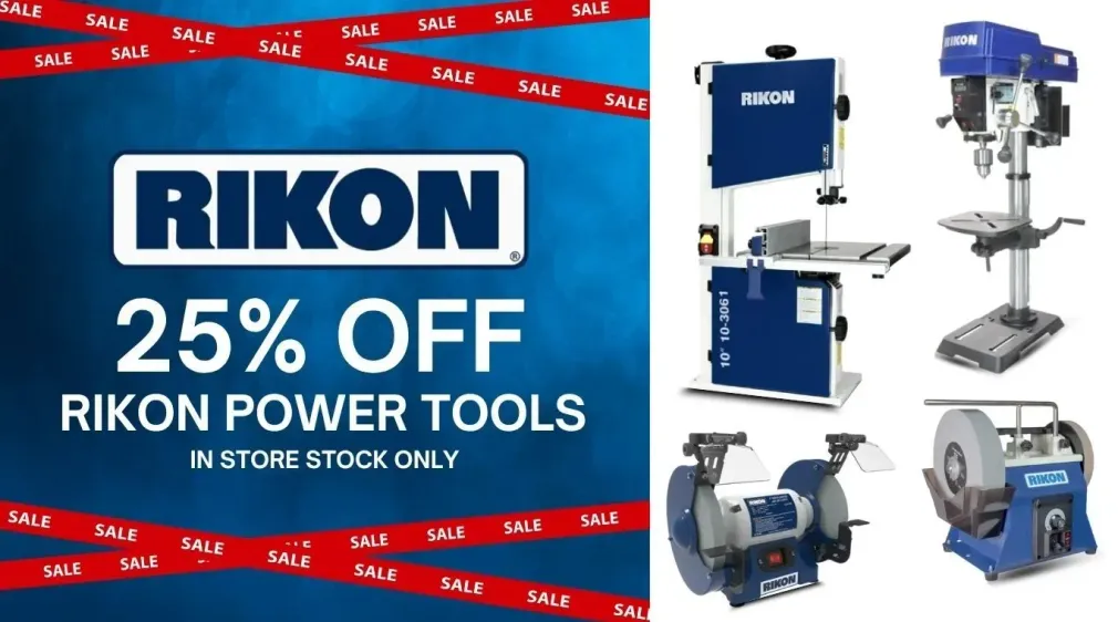 An advertisement for a sale of rikon power tools
