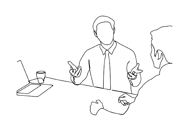 A black and white drawing of two men sitting at a table talking to each other.