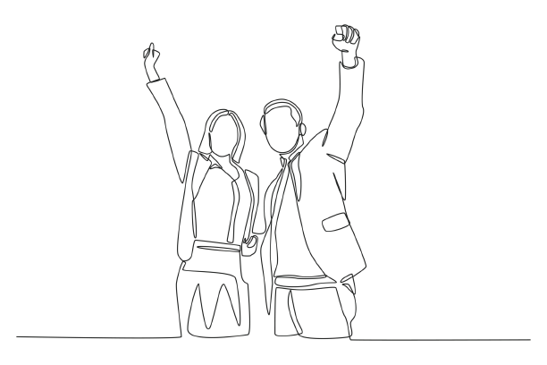 a continuous line drawing of a man and a woman with their arms in the air