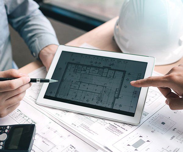 tablet showing a floor plan surrounded by hands