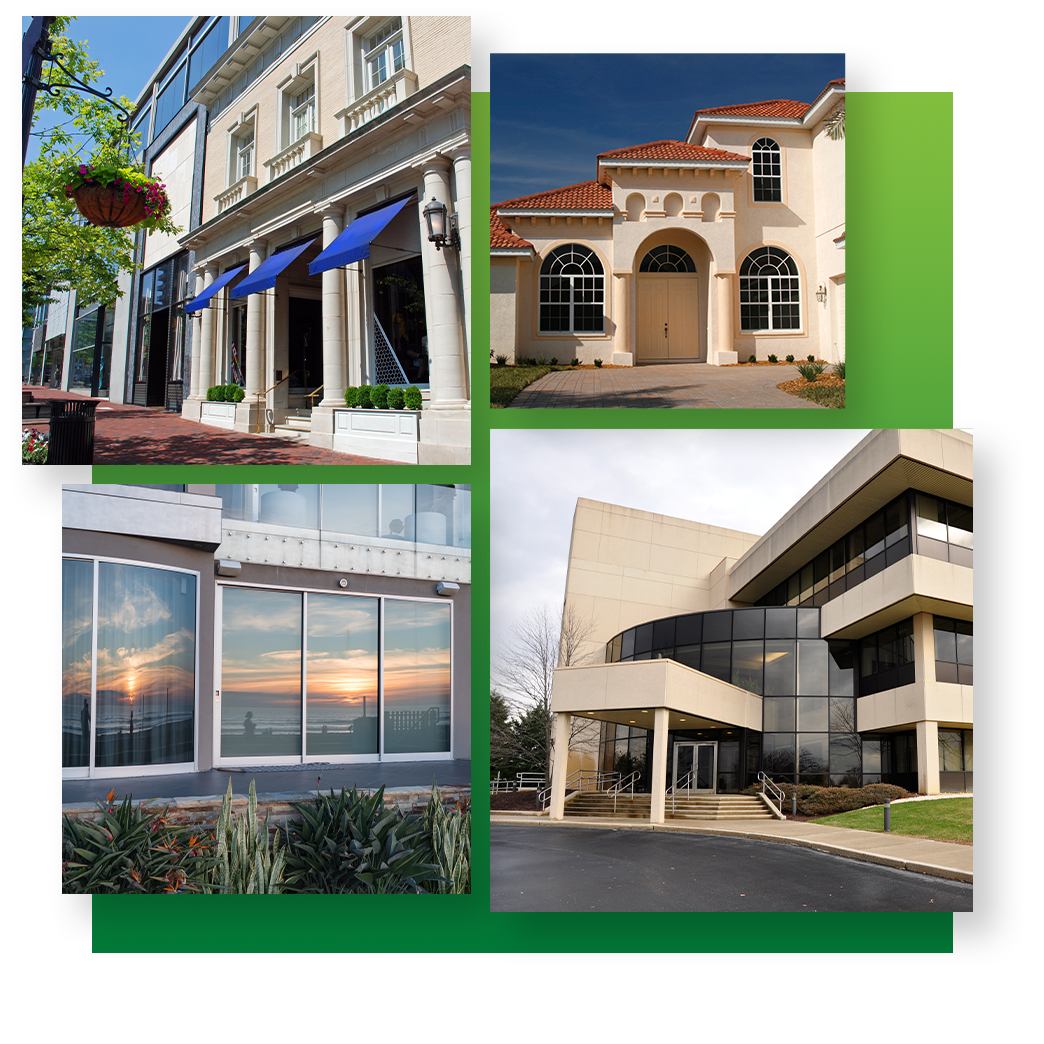 Collage of four buildings: a store with awnings, a villa, a modern building with reflective windows, and an office.