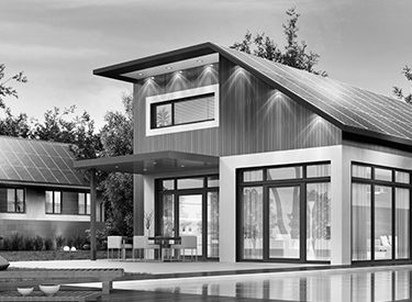 Modern house with solar panels on roof and large windows, next to a pool.