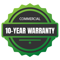 Commercial 10-year warranty badge in green and black.