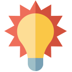 Yellow lightbulb with red sunburst.