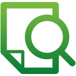 Green magnifying glass over a document icon, symbolizing search or review.