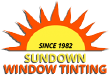 Logo for Sundown Window Tinting: Orange sunburst with