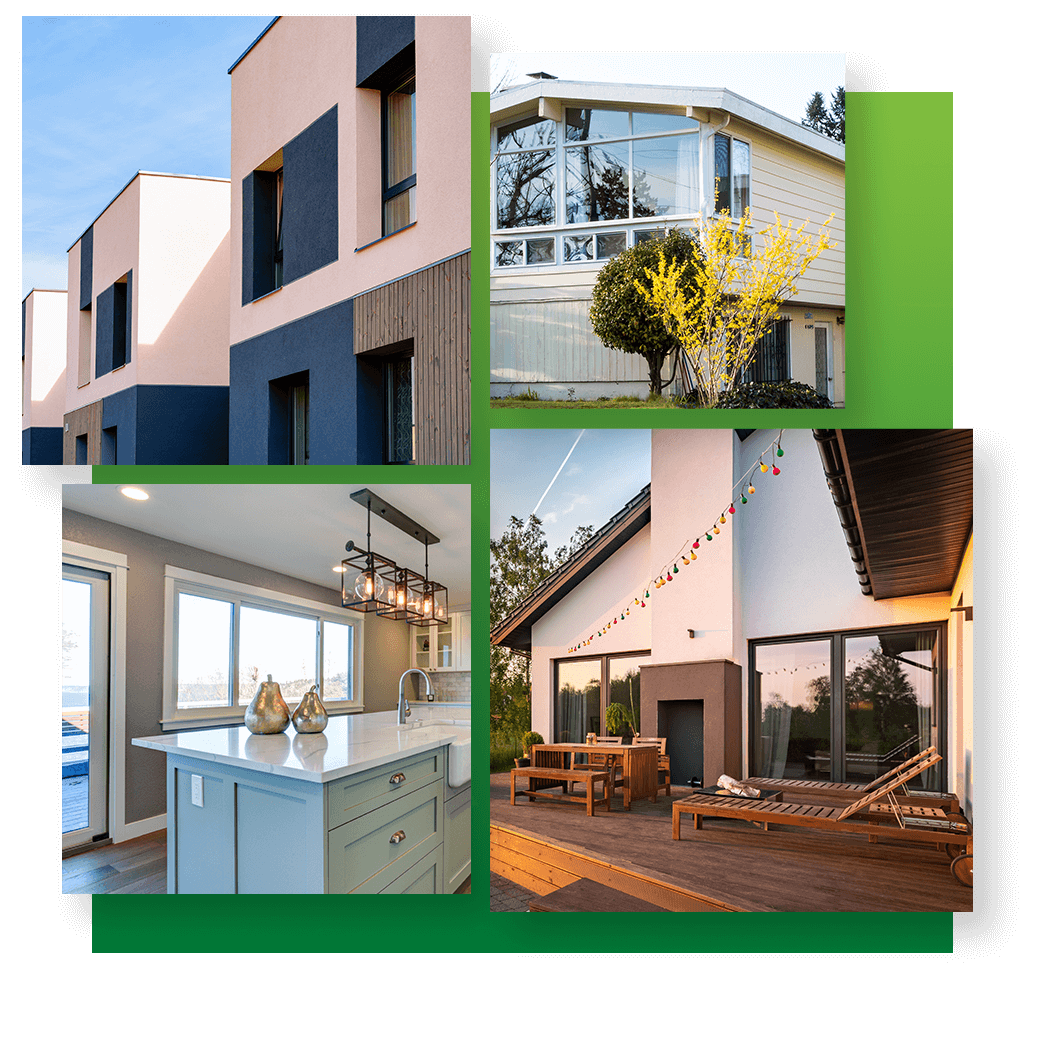 Four houses with different window styles against a green background.