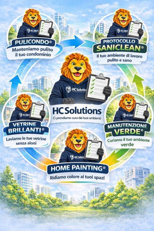 Diagramma circolare di HC Solutions con una mascotte a forma di leone che tiene in mano un blocco appunti, a illustrare cinque servizi di pulizia e manutenzione.