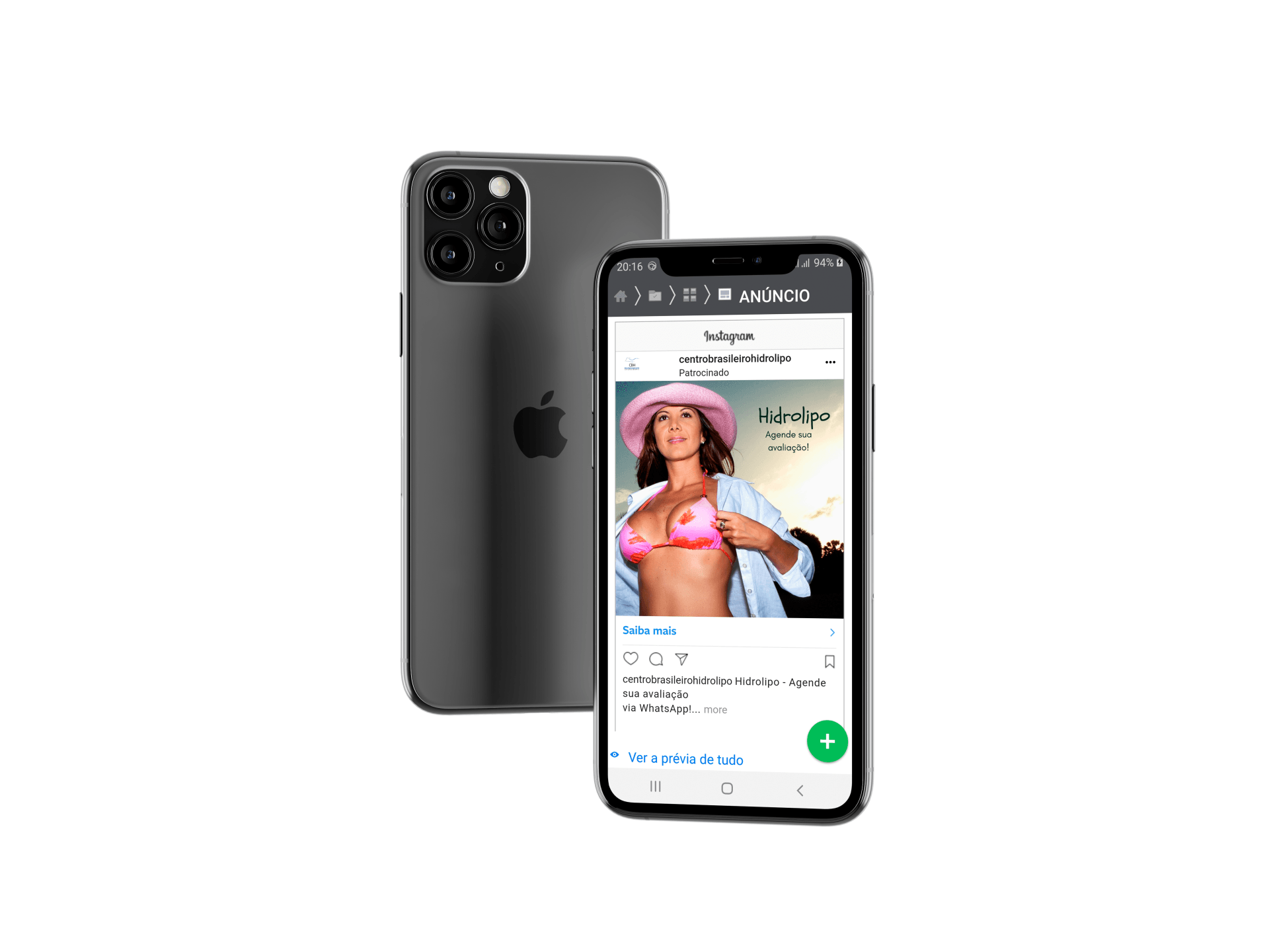 Um iphone preto com a foto de uma mulher de biquíni na tela.