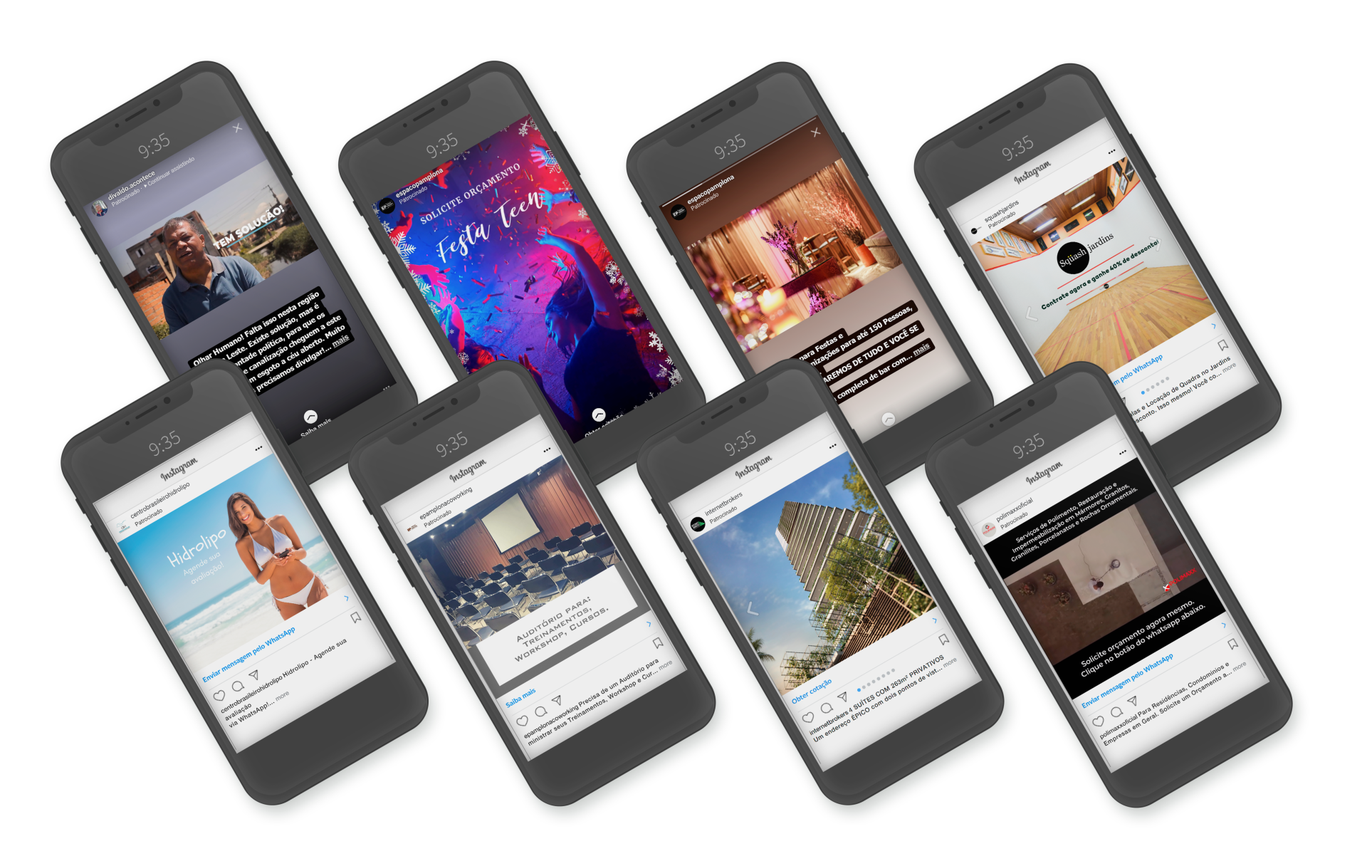 Um grupo de telefones celulares está alinhado em uma fileira sobre um fundo branco.