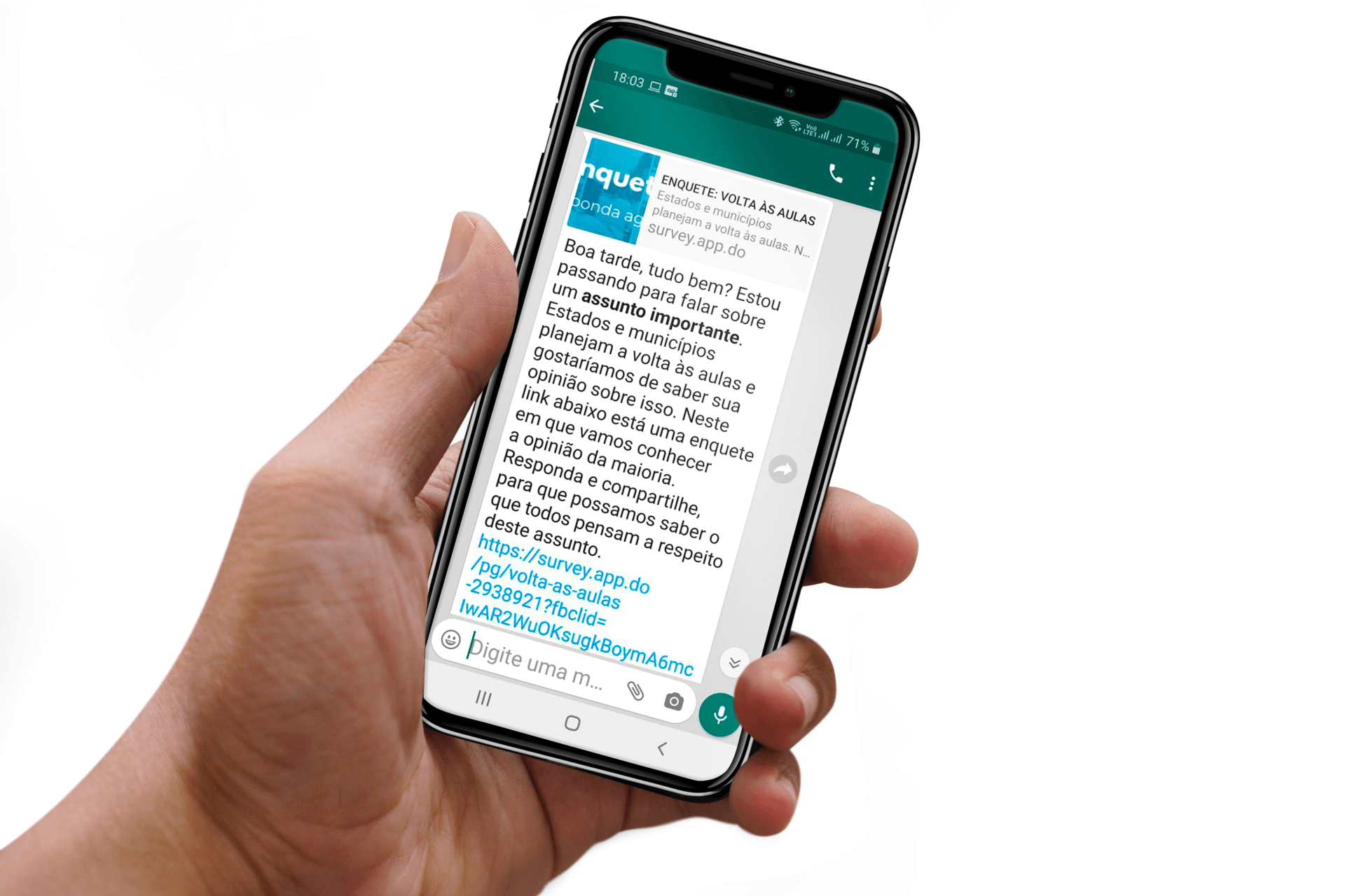 Uma mão segura um celular com uma mensagem.