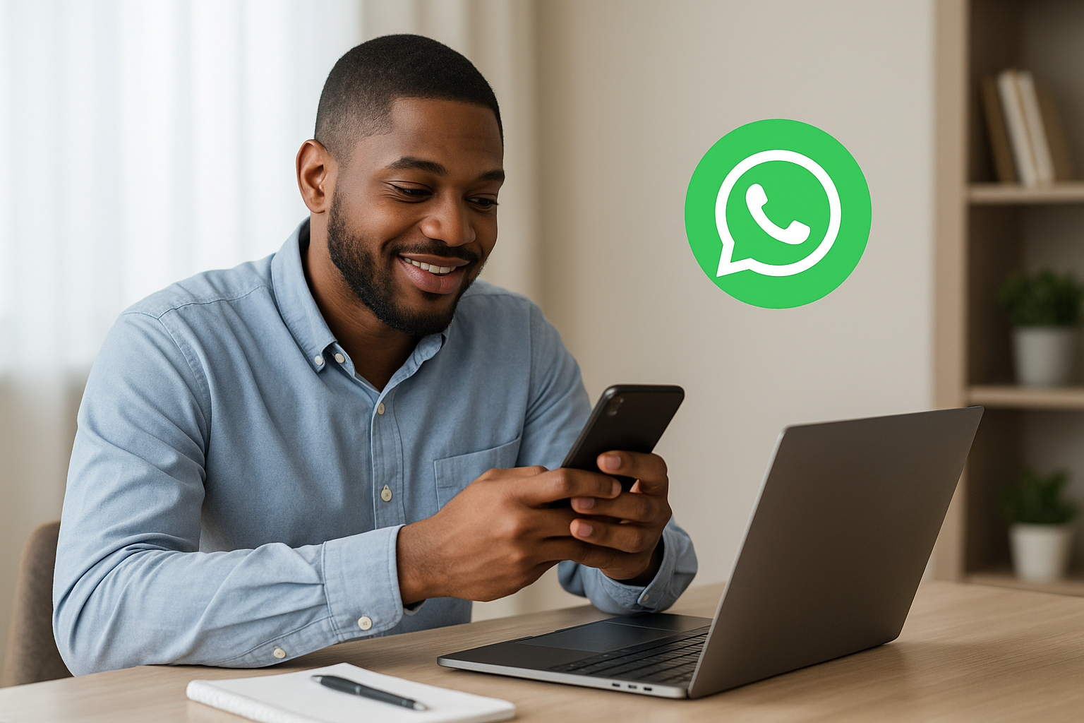 Smiling Black man using phone and laptop, WhatsApp logo in background.