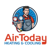 Air Today Heating & Cooling logo. Technician holding gauge, blue circle, red text.