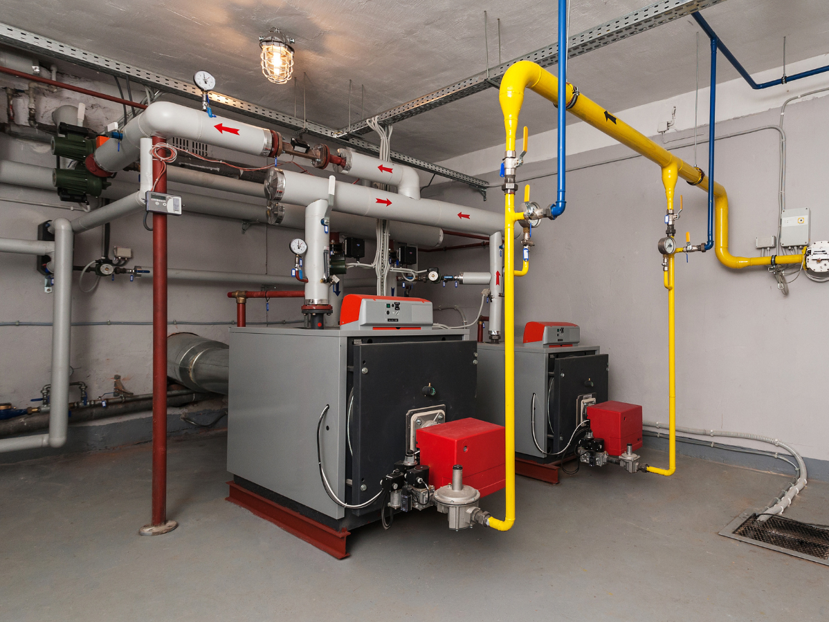 Industrial boiler room with two large gray boilers, red accents, and yellow gas pipes.