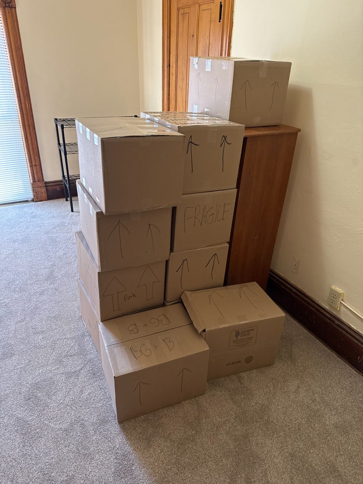 Pile of cardboard boxes stacked in a room with a cabinet and wooden door.