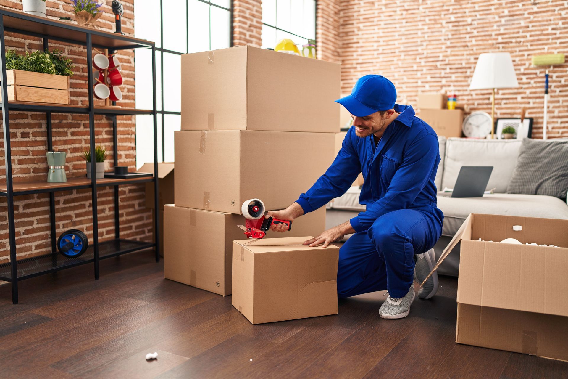 Person in blue jumpsuit seals cardboard box with tape; home interior, brick wall, boxes stacked.