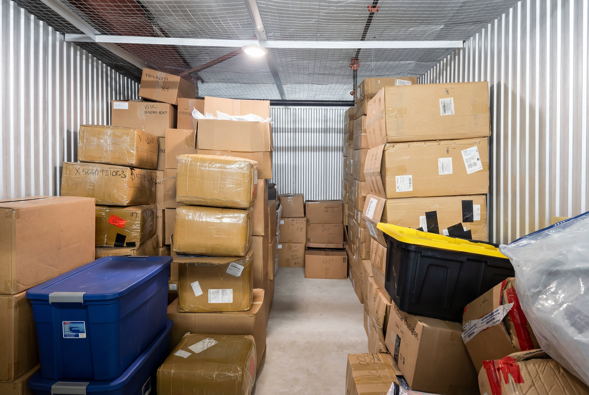 Storage unit filled with cardboard boxes and plastic bins.