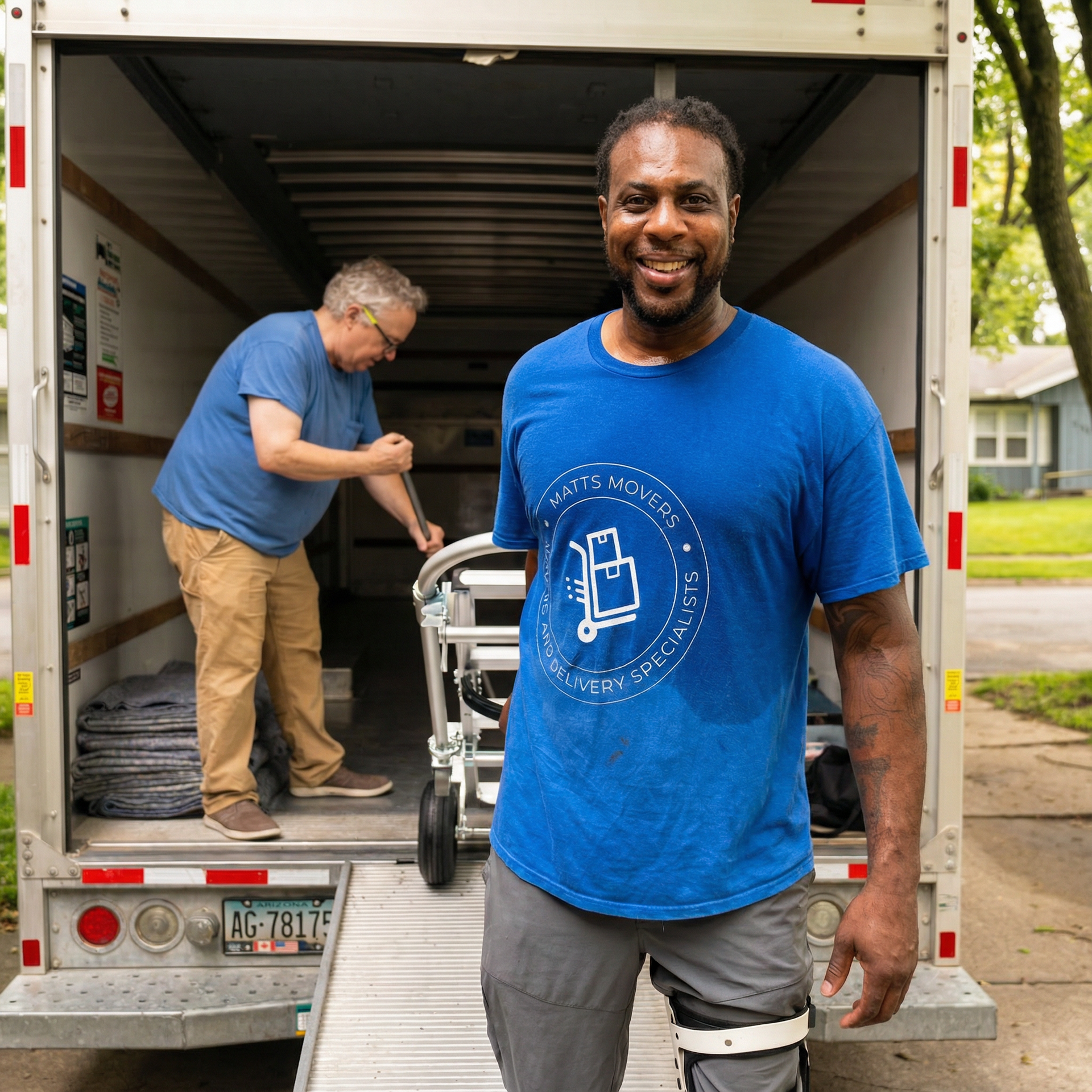Man in blue shirt, knee brace stands near a moving truck, smiling. Another man works inside the truck.