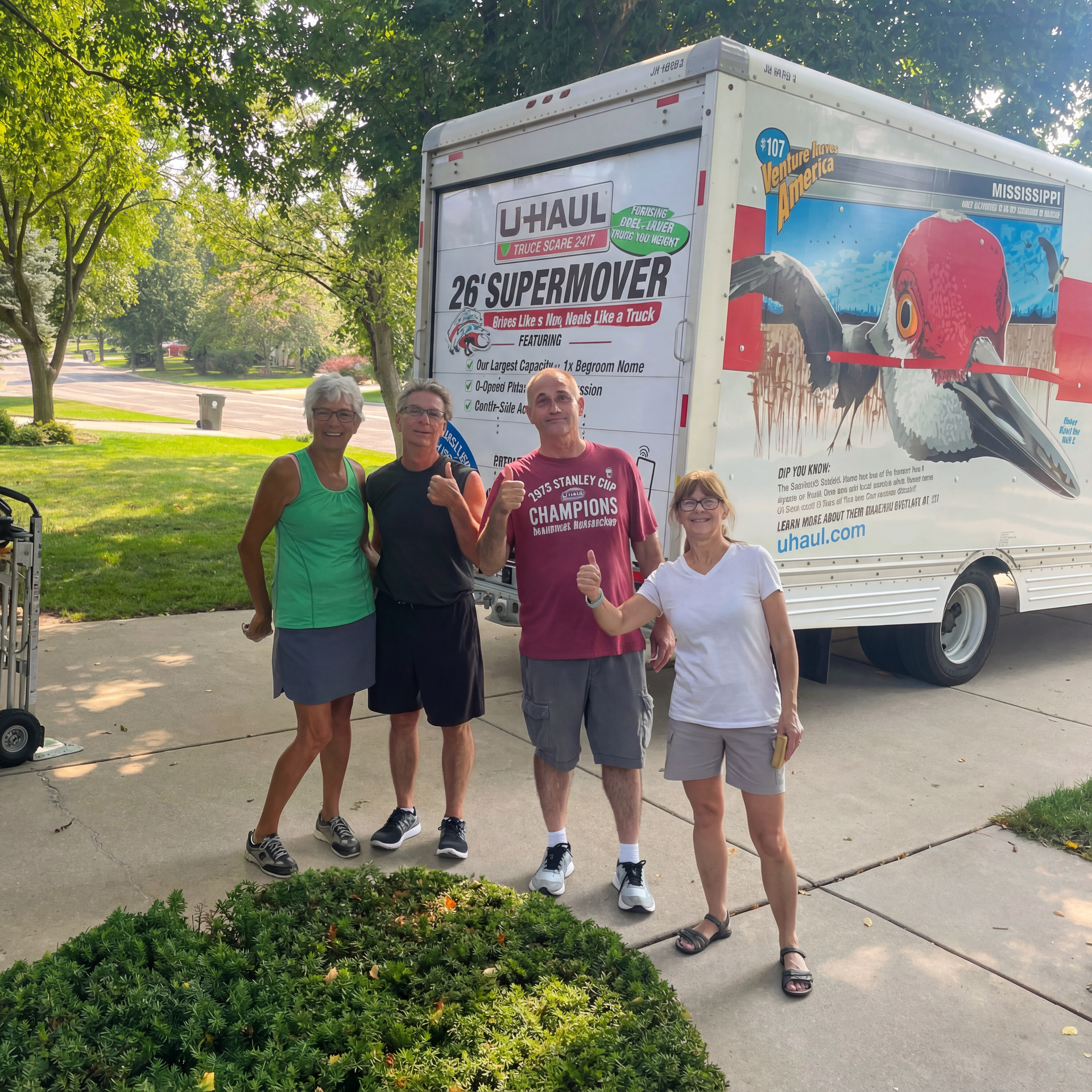 Four people giving thumbs-up next to a U-Haul truck. Sunny day, residential street.