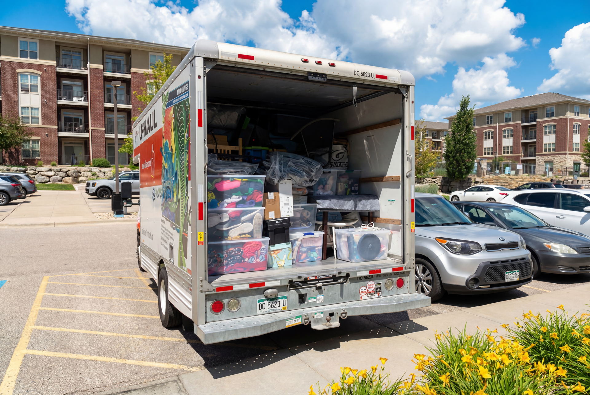 Moving truck loaded with boxes and furniture parked at an apartment complex, under a sunny sky.