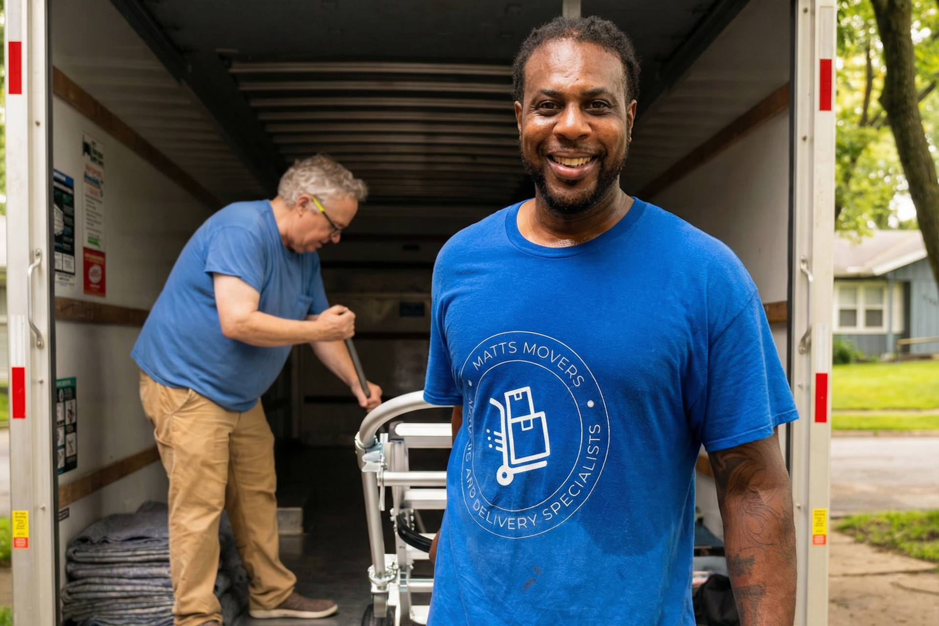 Two men in blue overalls are holding cardboard boxes in front of a house.