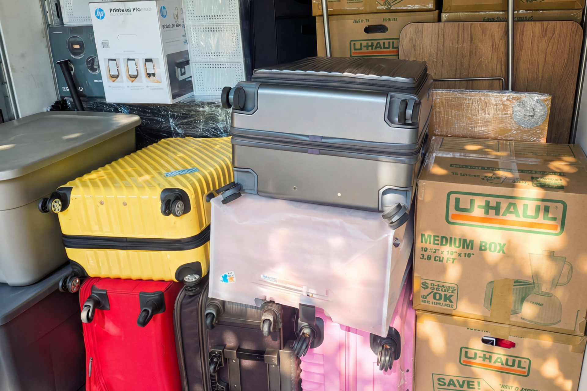 Luggage and boxes stacked inside a vehicle. Includes a yellow suitcase, U-Haul boxes, and a printer box.