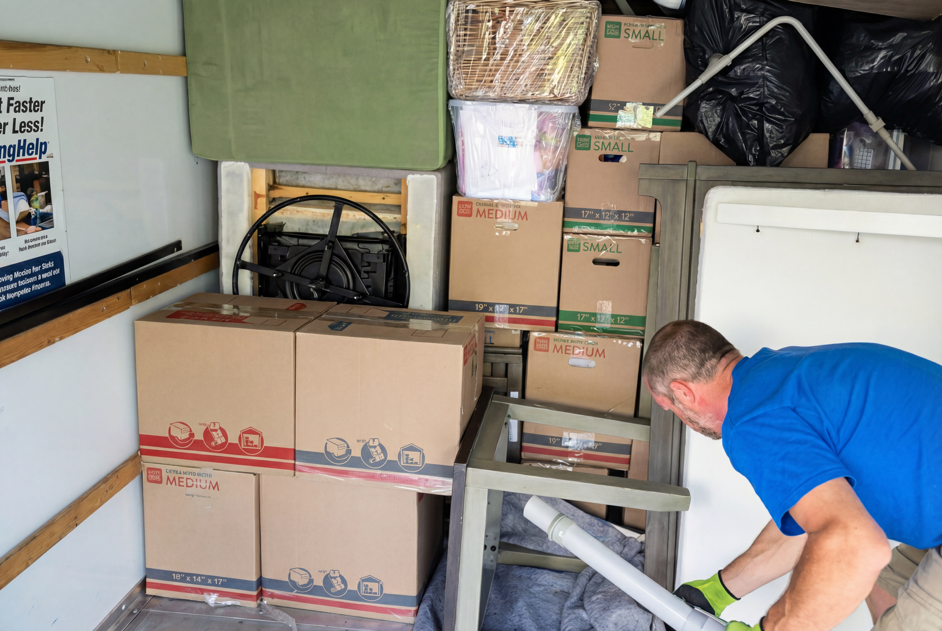 Man in blue shirt packing boxes in a cluttered storage unit.